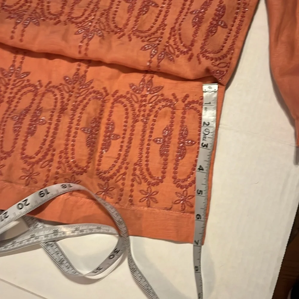 Neiman Marcus-S-Elegant Coral Skirt & long sleeve keyhole 100% linen tunic top.